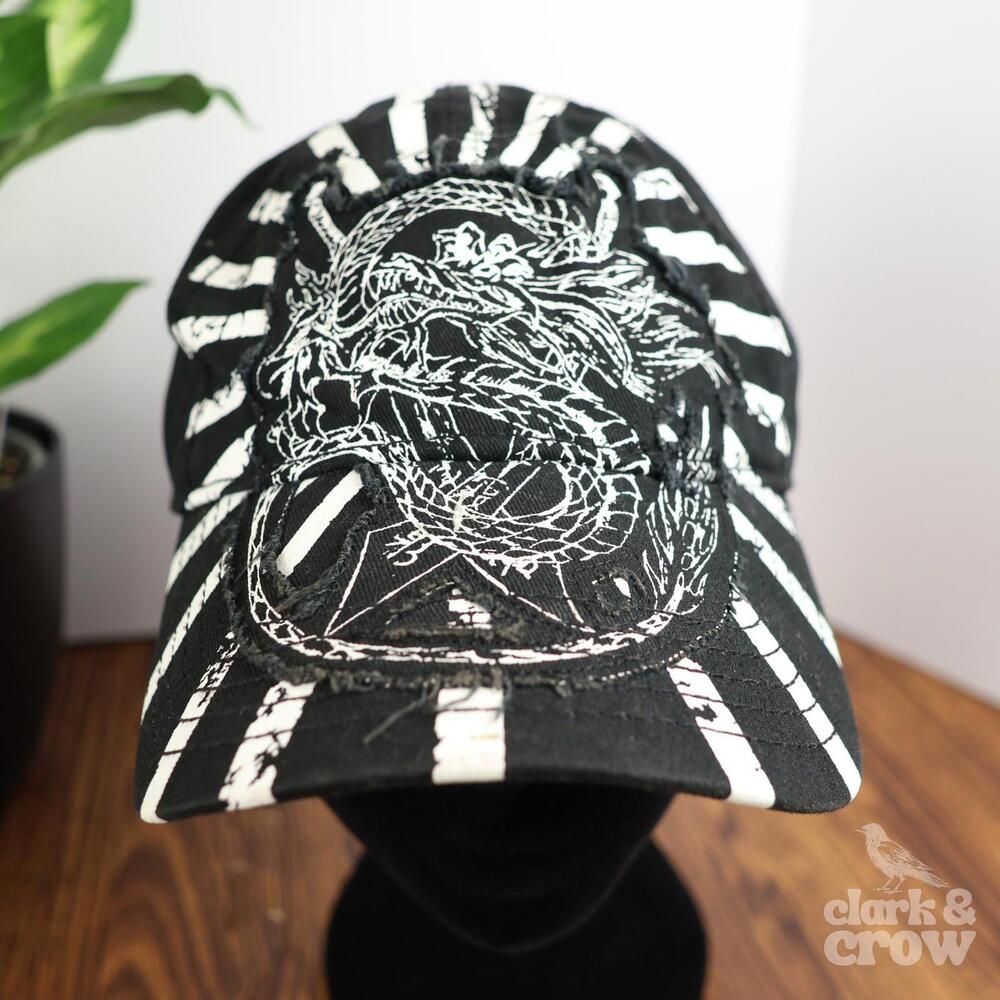 Concept One Dragon Distressed Baseball Cap Black White Stripe Adjustable